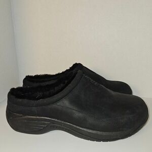 Merrell Encore Ice 4 Black Leather Faux Fur Lined Slip On Clog Mules Shoes